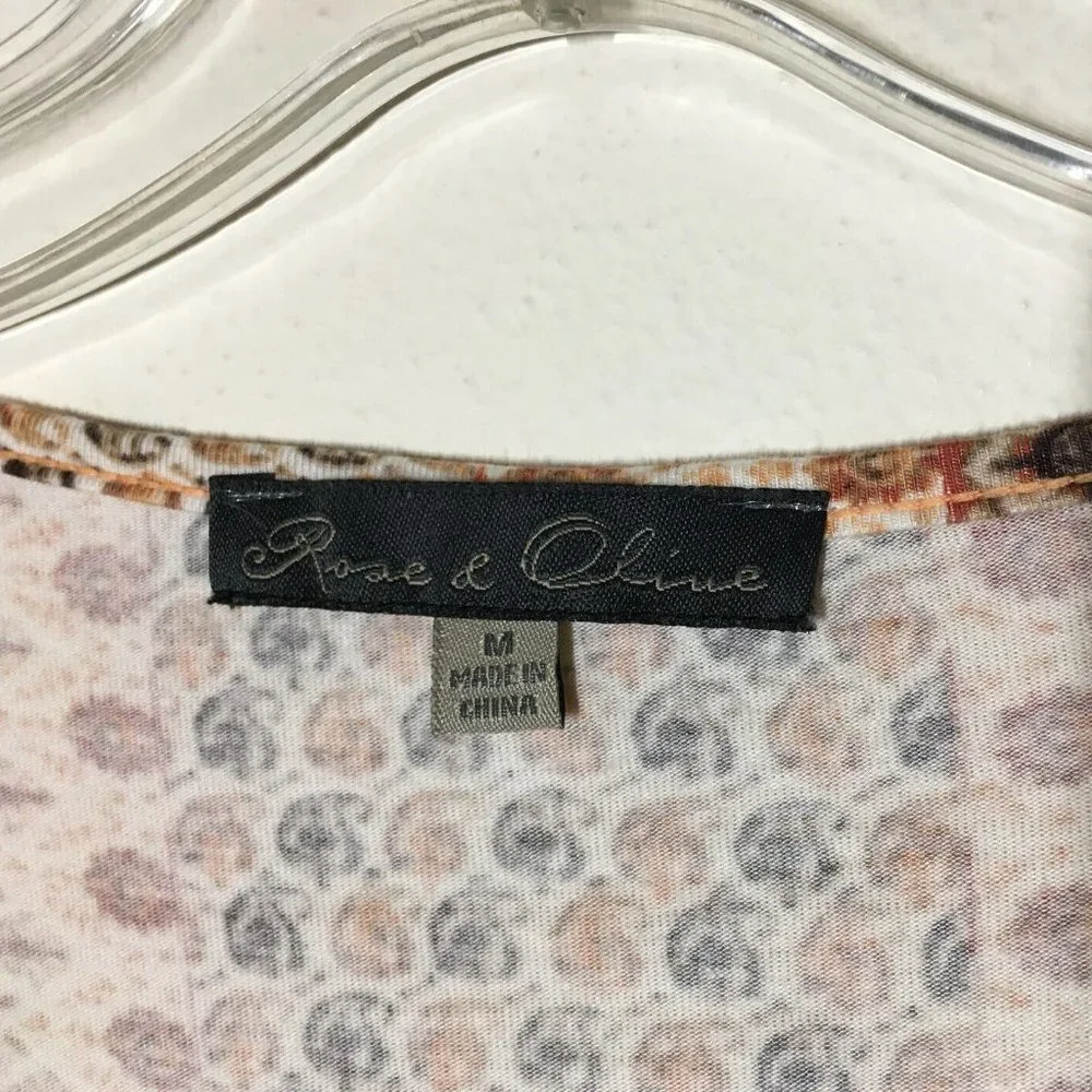 Rose Olive M Peasant Top Boho Ruffled Hem Ivory Rust Brown Stretch Knit Bust36.5 - Picture 6 of 13